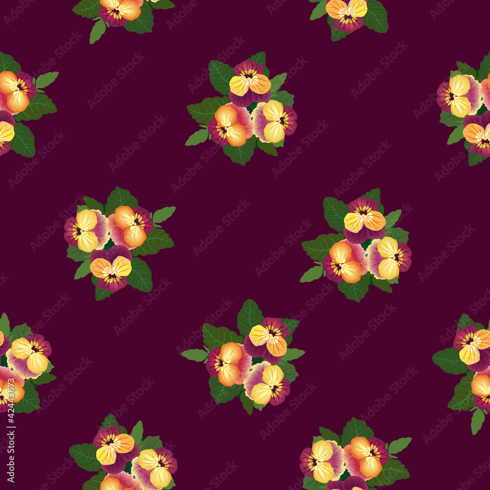 seamless pattern with wine-red and yellow pansy, background