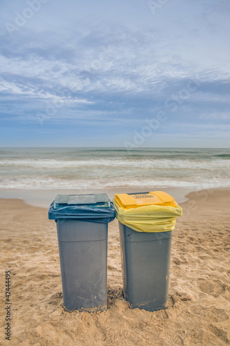 Two trash cans on the beach