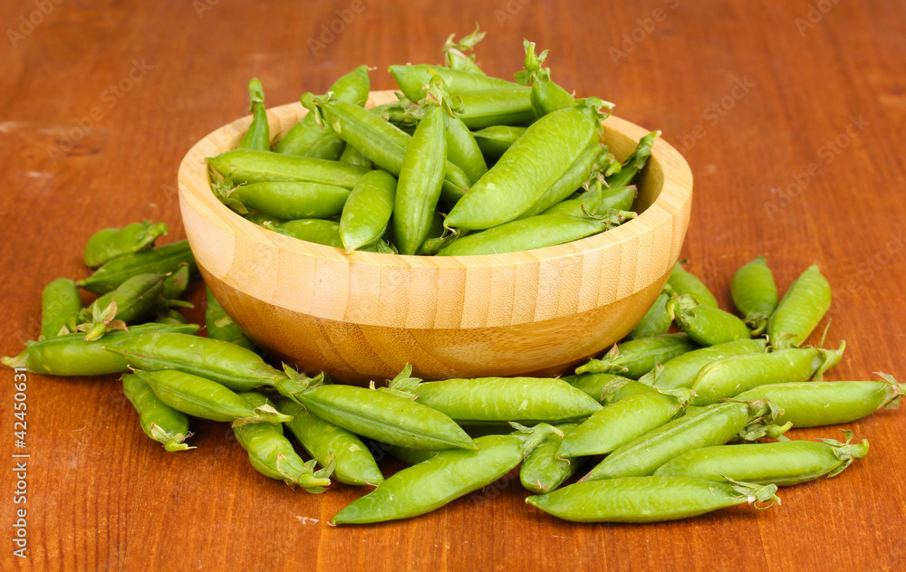 Green peas in wooden bowl on wooden background Green peas in wooden bowl on wooden background
