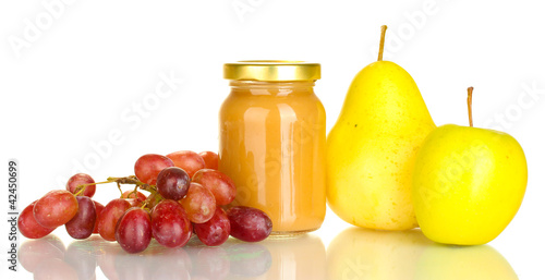 Jar with fruit baby food and fruits isolated on white