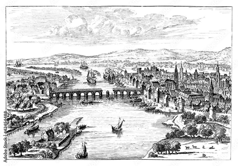 Ancient View of  a City (Rouen) - 16th century
