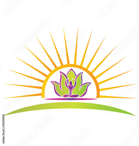 Sun, lotus and yoga figure logo vector