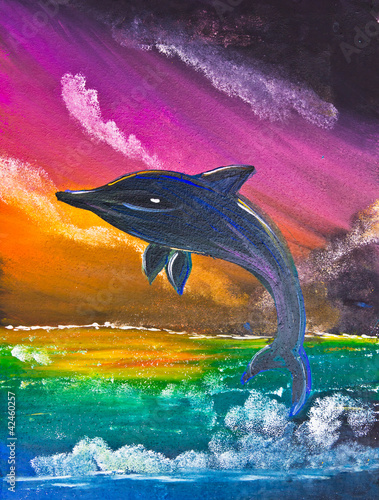 dolphin jump on ocean poster color
