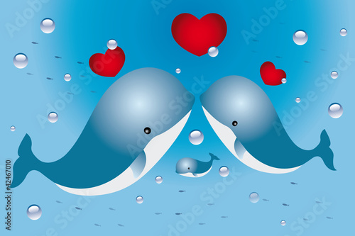 Lovely card with family of whales and hearts