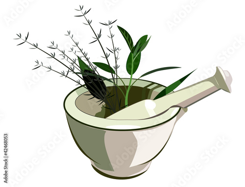 Medical mortar and pestle with herbs