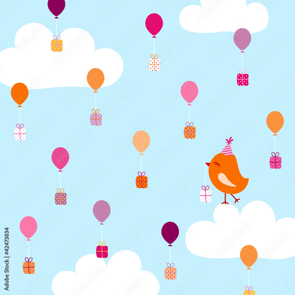 Orange Bird On Cloud Flying Balloons With Gifts Blue