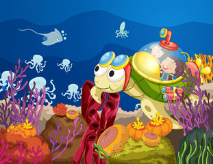 Handdoek met foto Onderwaterwereld Schildpad draagt kinderen door oceaan  © GraphicsRF