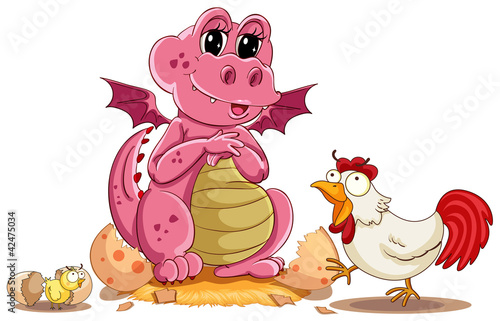 hen and baby dinosaur