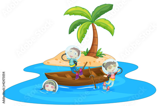 a boy and girl are boating