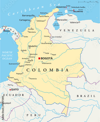 Colombia political map with capital Bogota, national borders, most important cities, rivers and lakes. Illustration with English labeling and scaling. Vector.