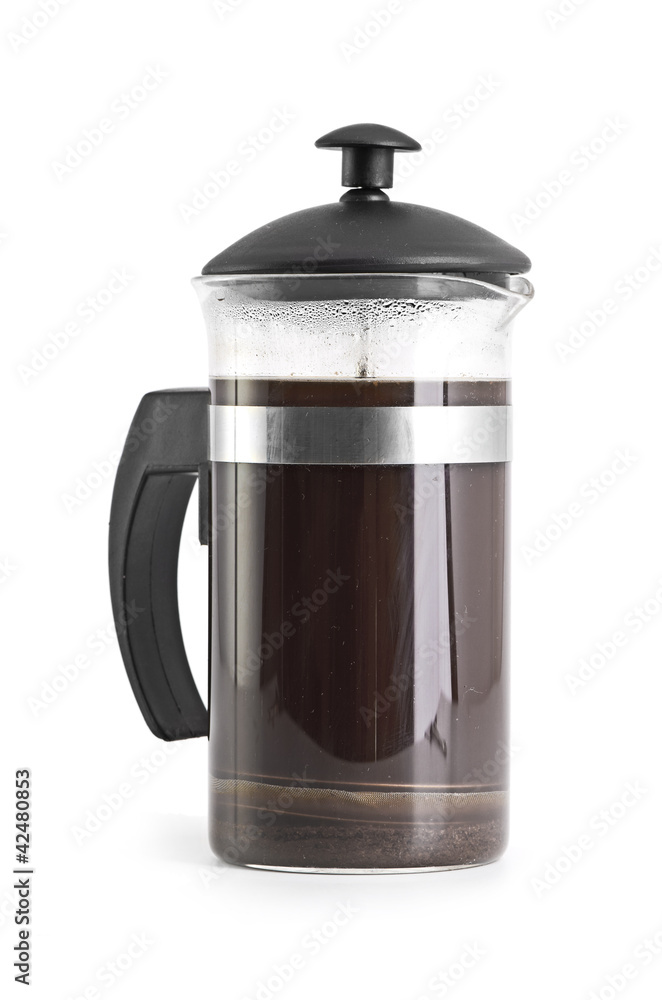 French press coffee maker on white background with reflection