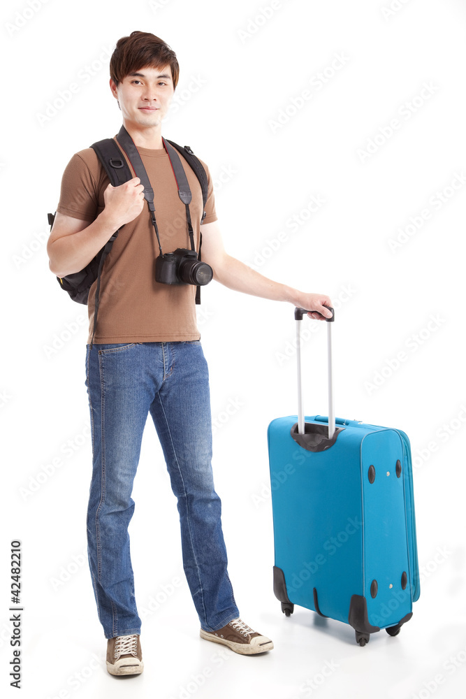 full length of young traveler with suitcase full length of young traveler with suitcase