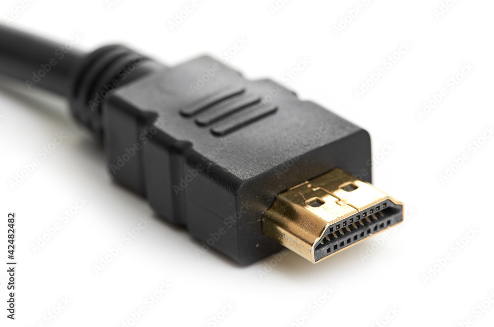 A close shot of HDMI cable isolated on a white background A close shot of HDMI cable isolated on a white background