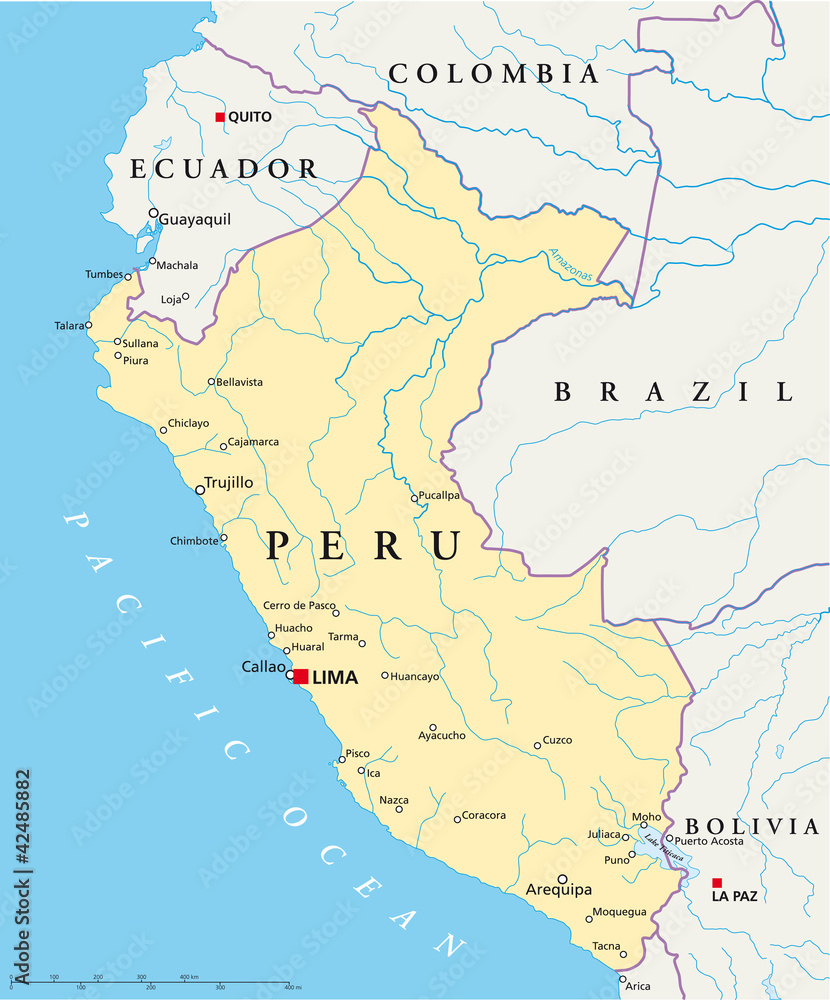 Peru political map with capital Lima, national borders, most important cities, rivers and lakes. Illustration with English labeling and scaling. Vector. - obrazy, fototapety, plakaty 