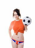 woman with soccer ball and union jack underwear