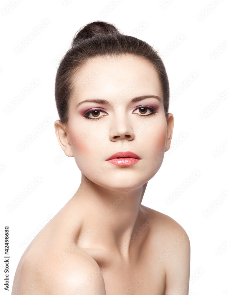 attractive young brunette with perfect skin and bright makeup