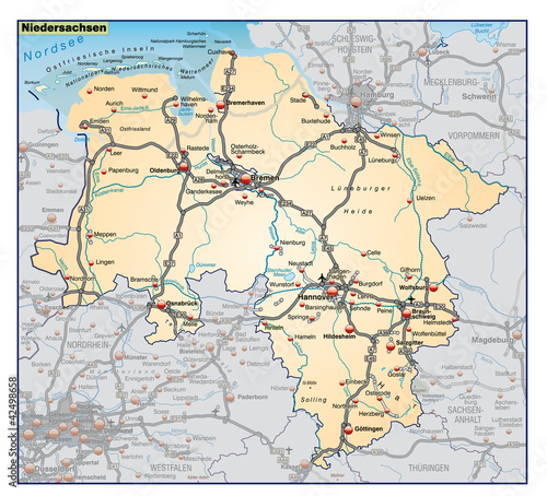 Niedersachsen mit Nachbarl  ndern und Autobahnen
