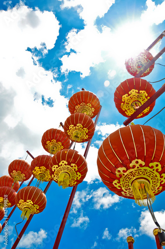 a red lantern with blue sky background