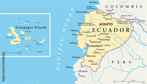 Ecuador and Galapagos Islands political map with capital Quito, with national borders, most important cities, rivers and lakes. Illustration with English labeling and scaling. Vector.