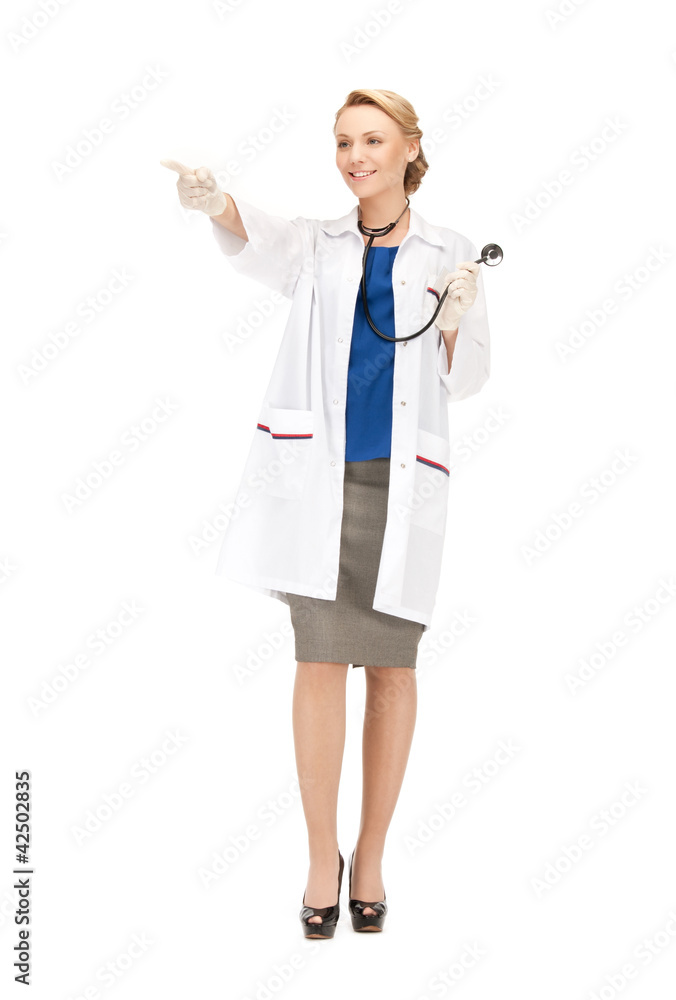 attractive female doctor pointing her finger attractive female doctor pointing her finger