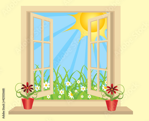 Opened plastic window in room with view to green field. vector