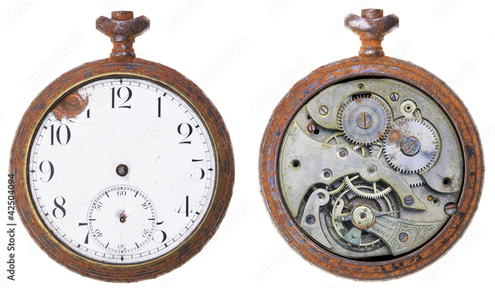 Close-up of a vintage rusty clock from both sides