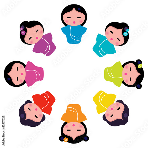 Cute japanese kokeshi dolls in circle