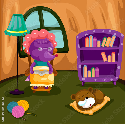 Cartoon fox reading a book with puppy dog