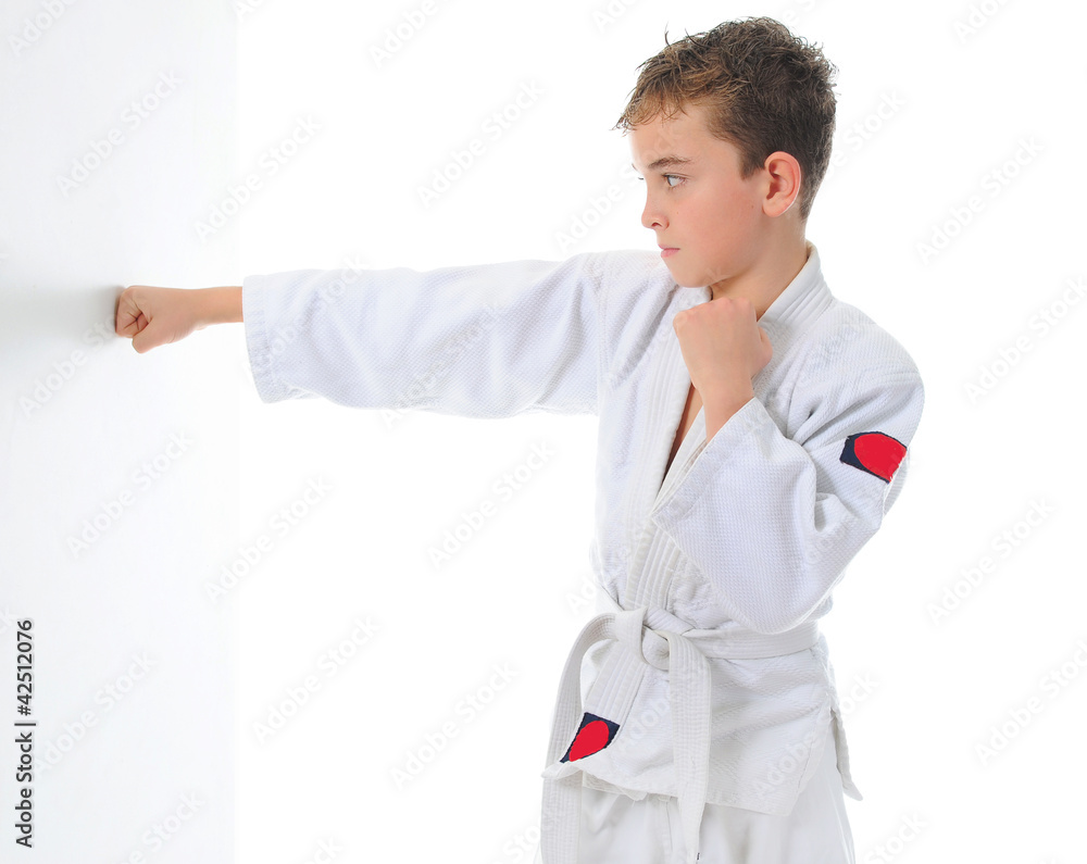 Young boy training karate.