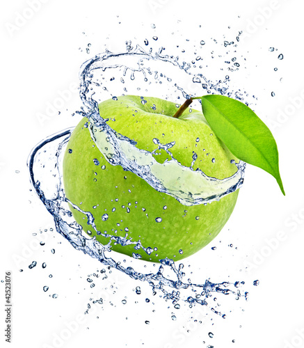 Green apple with water splash, isolated on white background #42523876
