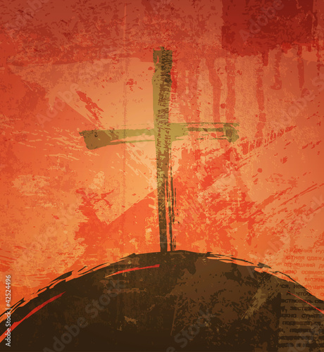 The cross on the grunge background. The biblical concept. Sunset