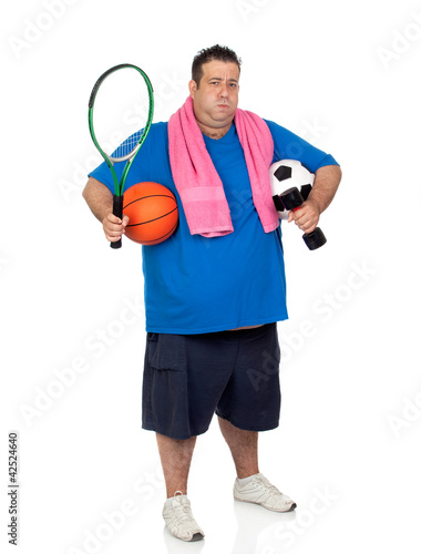 Fat man busy with many sports