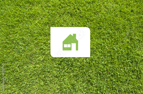 Icon home on green grass, texture background