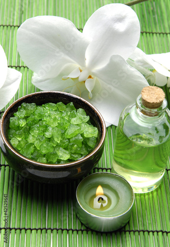 Scene of relaxing treatment on a straw mat