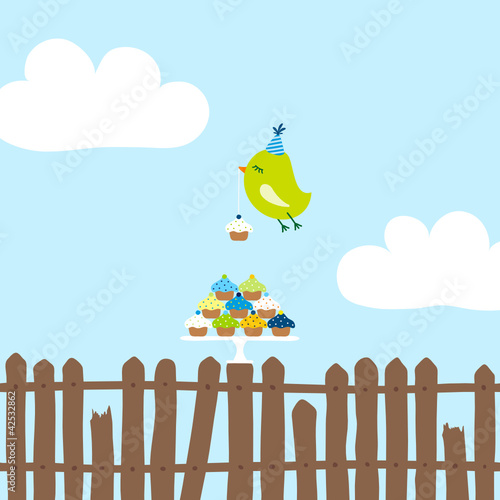 Flying Green Bird 10 Cupcakes Fence Blue