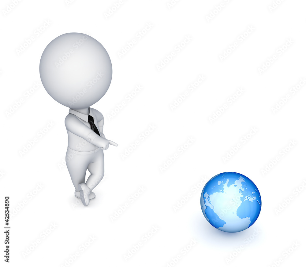 3d small person and planet earth. 3d small person and planet earth.