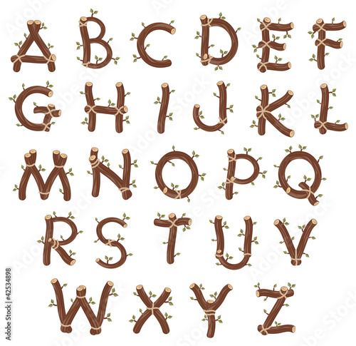 Alphabet with branches. Vector isolated letters.