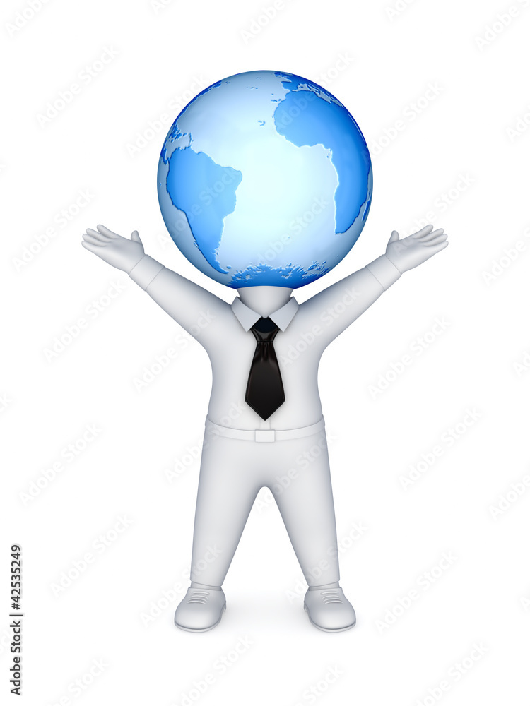 3d small person with a globe on a head. 3d small person with a globe on a head.
