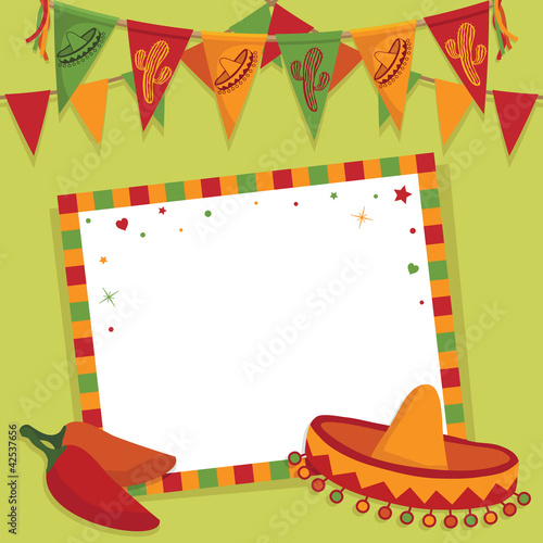 Vector mexican party card with bunting sombrero and chili peppers on green background with copy space