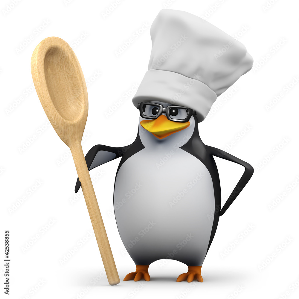 Fototapeta premium 3d Penguin in glasses and chefs hat with spoon
