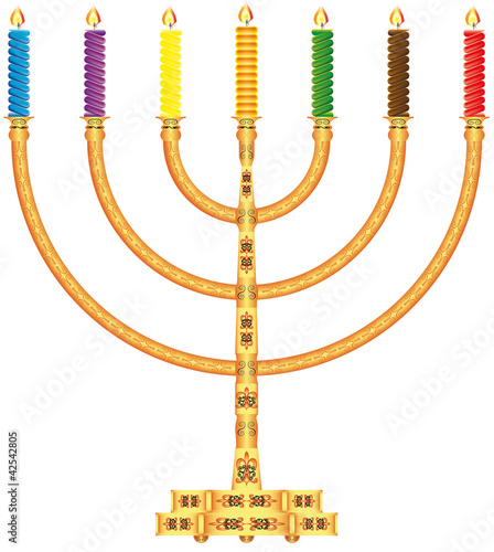 Ornate golden menorah with candles on a white background