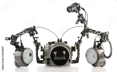 Underwater camera housing with strobes isolated on white