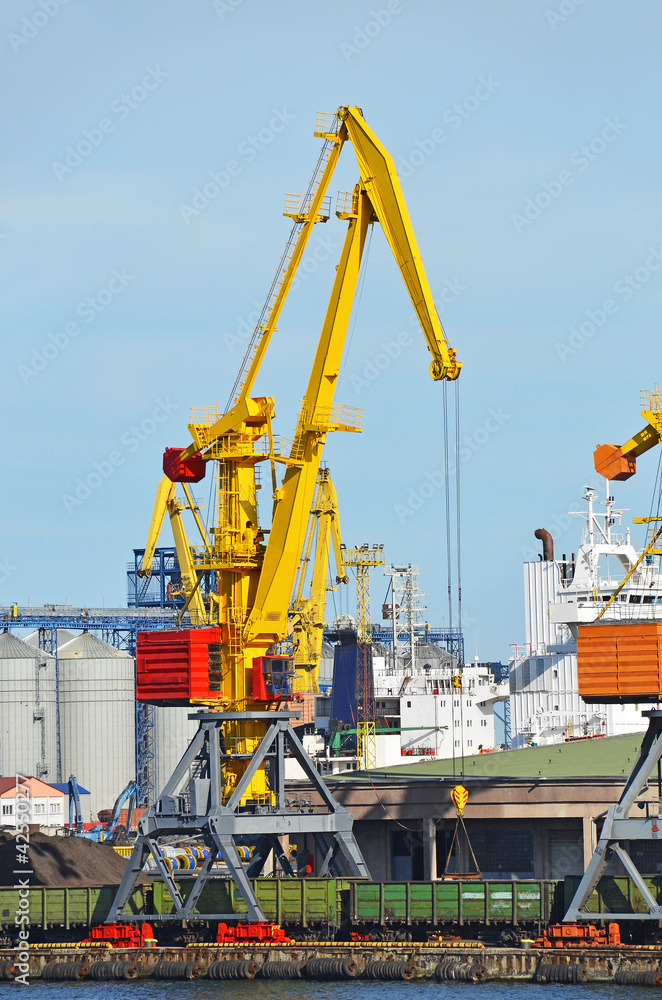 Cargo crane freight traine and coal in port Cargo crane freight traine and coal in port