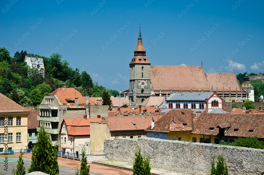 Aeral view of Brasov with the black church
