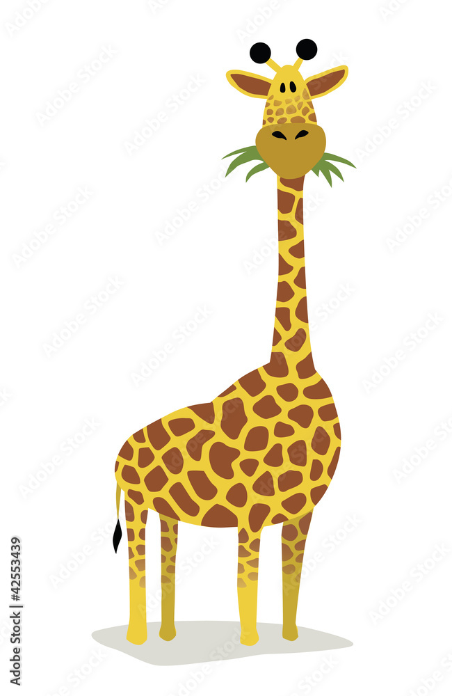 Fototapeta premium A cute, tall cartoon giraffe eating grass