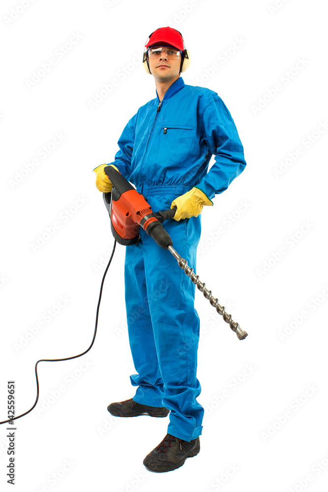 worker holding a power drill worker holding a power drill