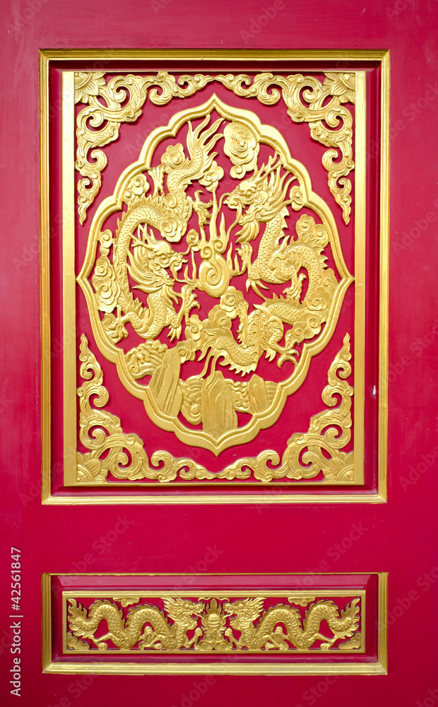 Red door with Golden Dragon texture in Chinese temple
