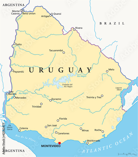 Uruguay political map with capital Montevideo, national borders, most important cities, rivers and lakes. Illustration with English labeling and scaling. Vector. photo