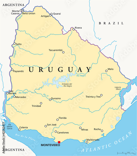 Uruguay political map with capital Montevideo, national borders, most important cities, rivers and lakes. Illustration with English labeling and scaling. Vector.