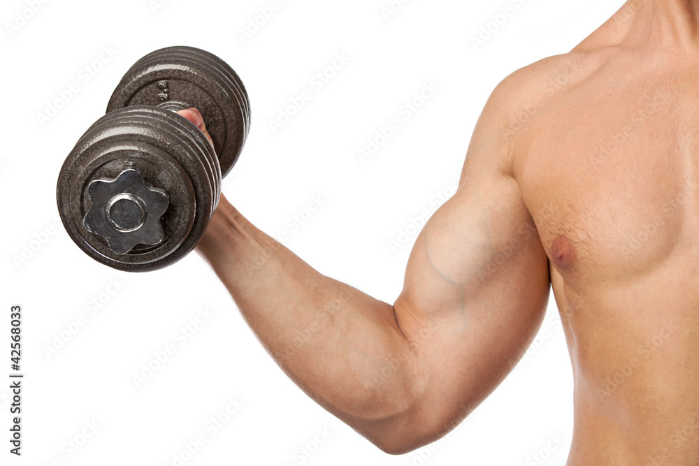 Cropped view of a muscular man lifting a dumbbell over white Cropped view of a muscular man lifting a dumbbell over white